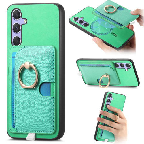 Samsung Galaxy A16 5G Retro Cross Leather Ring Side Insert Card Bag MagSafe Phone Case - Green
